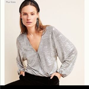 Anthropologie Silver Puffed Sleeve Wrap Blouse Size Small